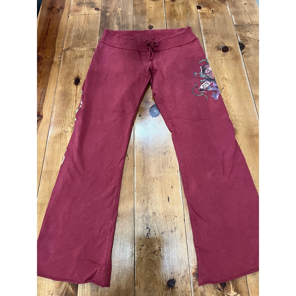 Ed Hardy Christian Audigier Love Kills Slowly Sweatpants Burgundy Red Flare M